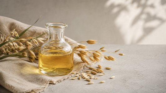 Golden oat lipid oil with Swedish oat stalks on natural linen